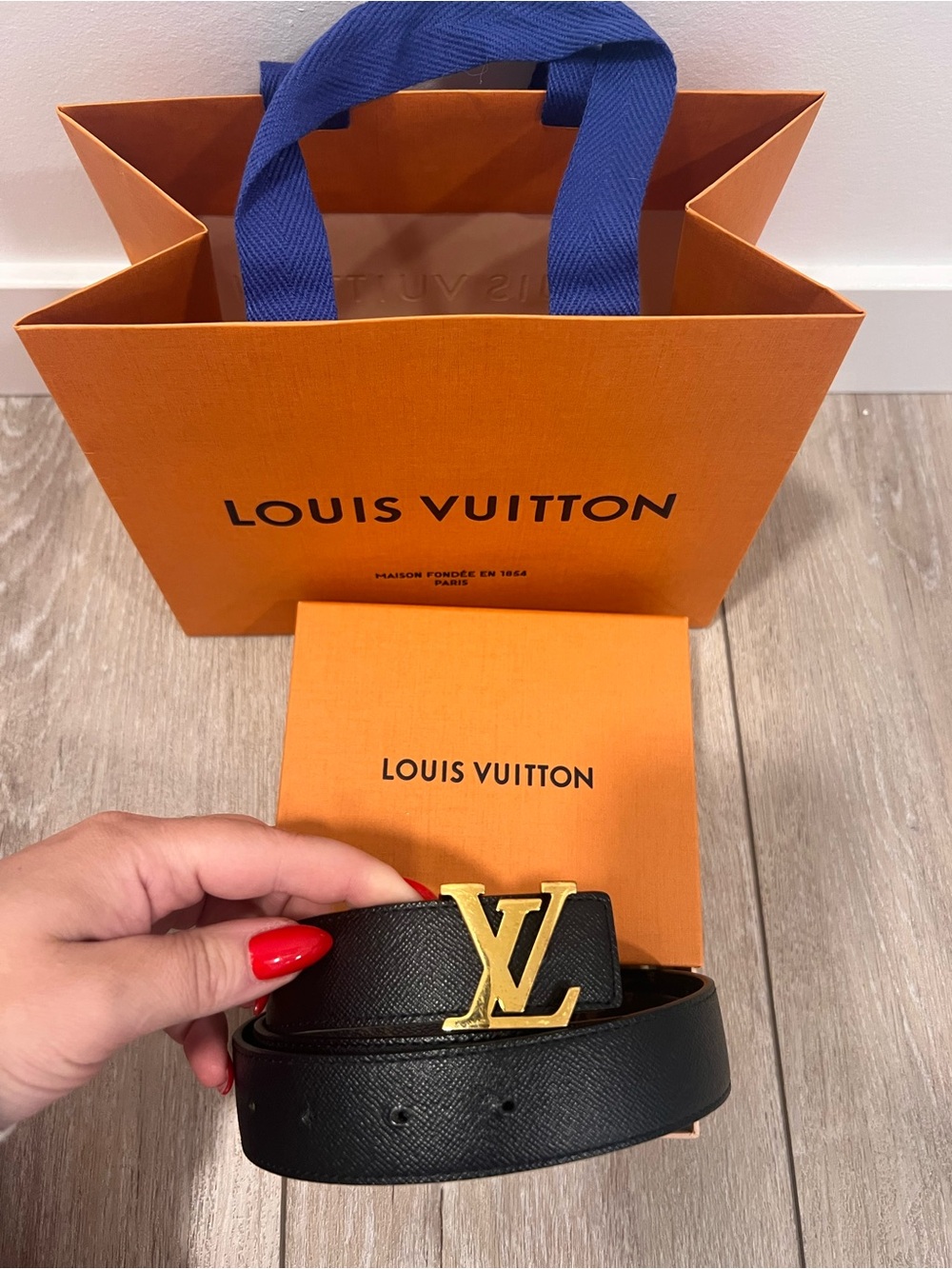 Louis Vuitton Black Leather Belt with Gold LV Buckle